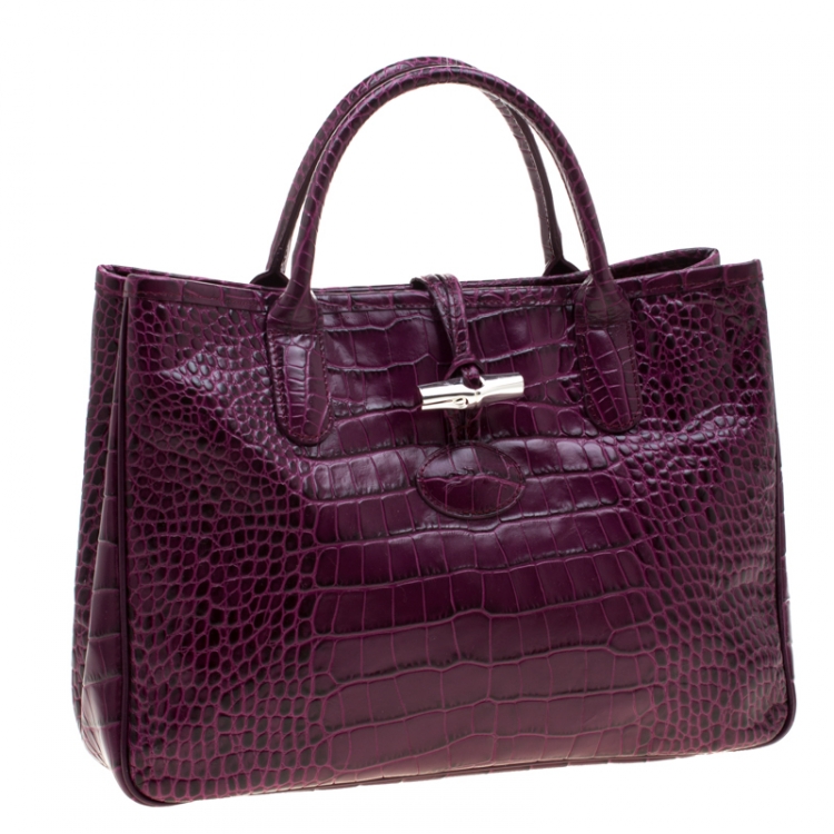 Pre Owned Longchamp Purple Croc Embossed Leather Roseau Tote 