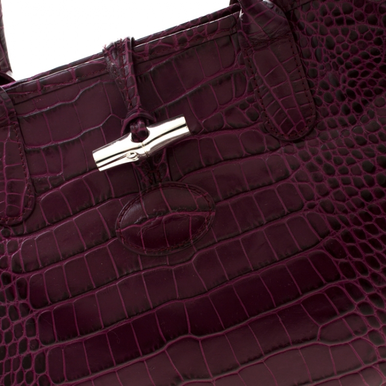 Pre Owned Longchamp Purple Croc Embossed Leather Roseau Tote 