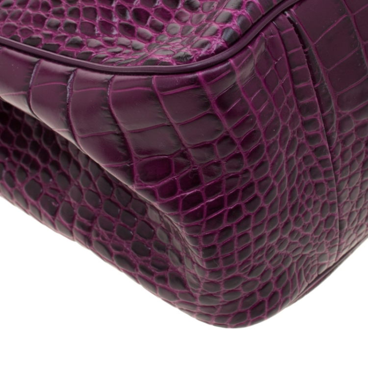 Pre Owned Longchamp Purple Croc Embossed Leather Roseau Tote 