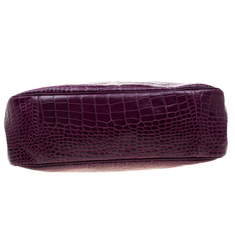 Pre Owned Longchamp Purple Croc Embossed Leather Roseau Tote 