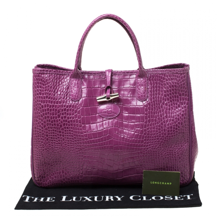 مملوكة مسبقًا Longchamp Purple Croc Embossed Leather Roseau Tote