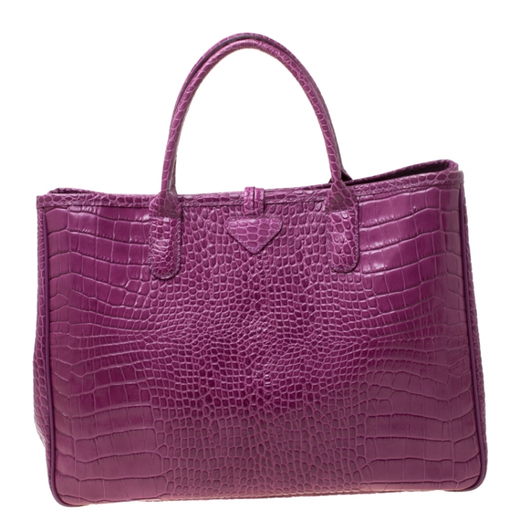 مملوكة مسبقًا Longchamp Purple Croc Embossed Leather Roseau Tote