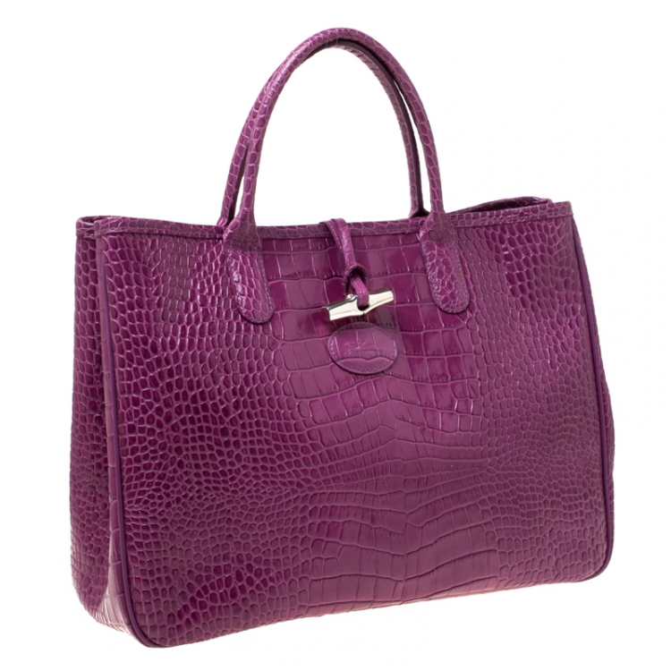 مملوكة مسبقًا Longchamp Purple Croc Embossed Leather Roseau Tote