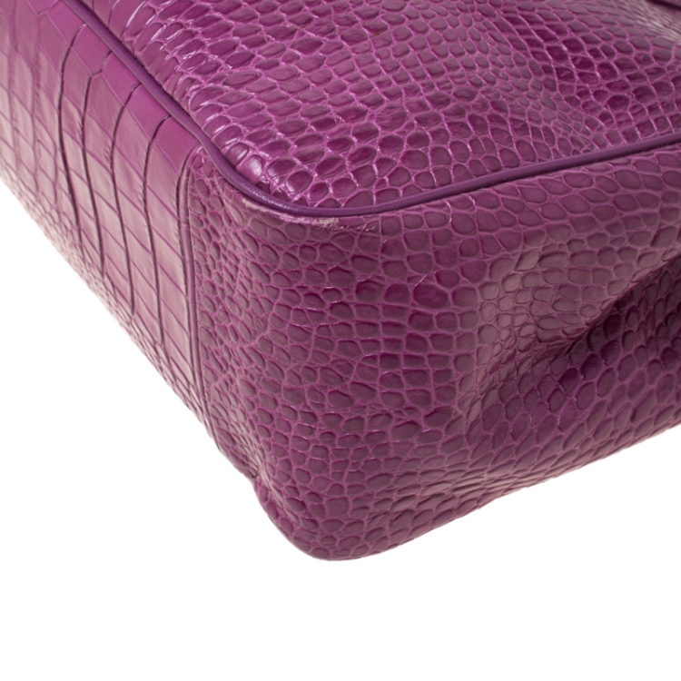 مملوكة مسبقًا Longchamp Purple Croc Embossed Leather Roseau Tote
