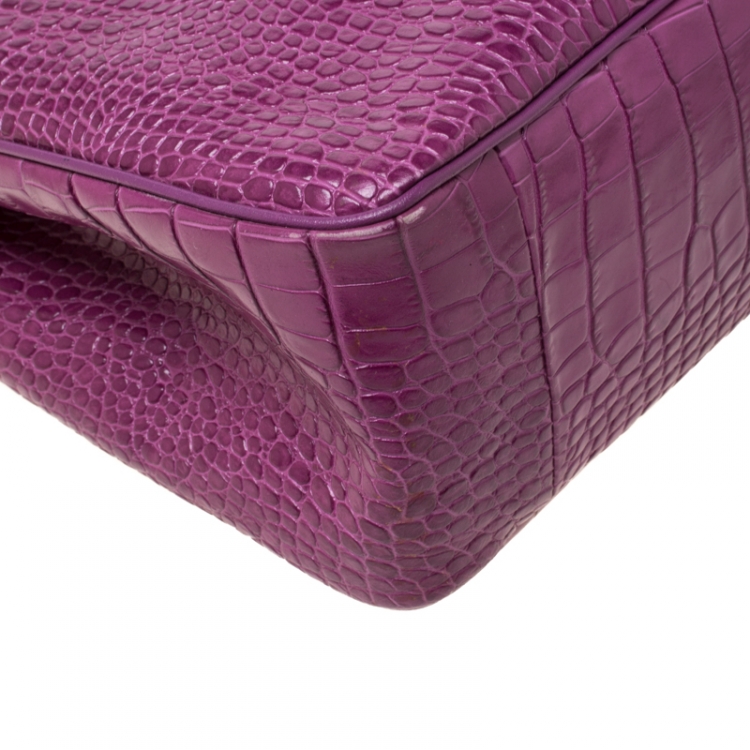 مملوكة مسبقًا Longchamp Purple Croc Embossed Leather Roseau Tote