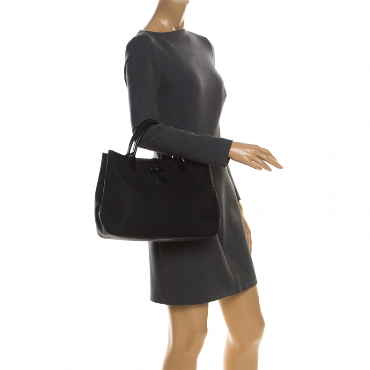 Pre Owned Longchamp Black Nylon and Leather Roseau Tote 