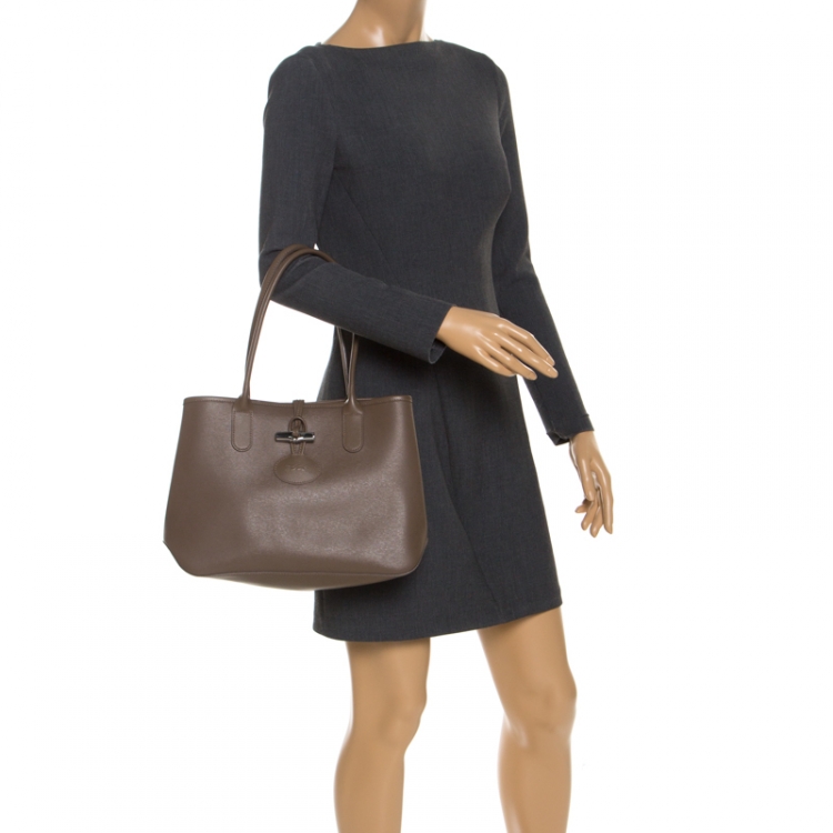 Longchamp Ladies Roseau Leather Shoulder Bag-Grey