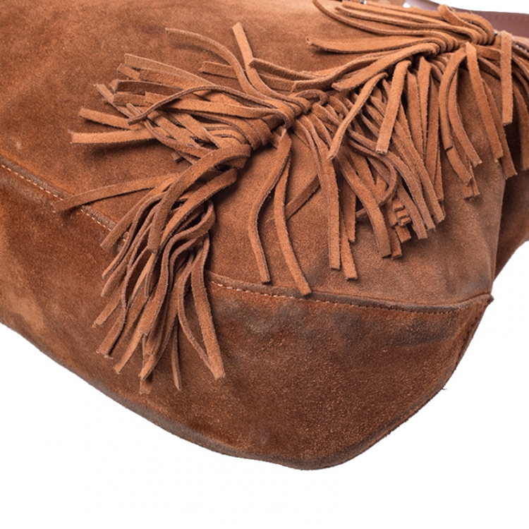 Pre Owned Longchamp Brown Suede Fringed Zipper Trim Hobo Bag