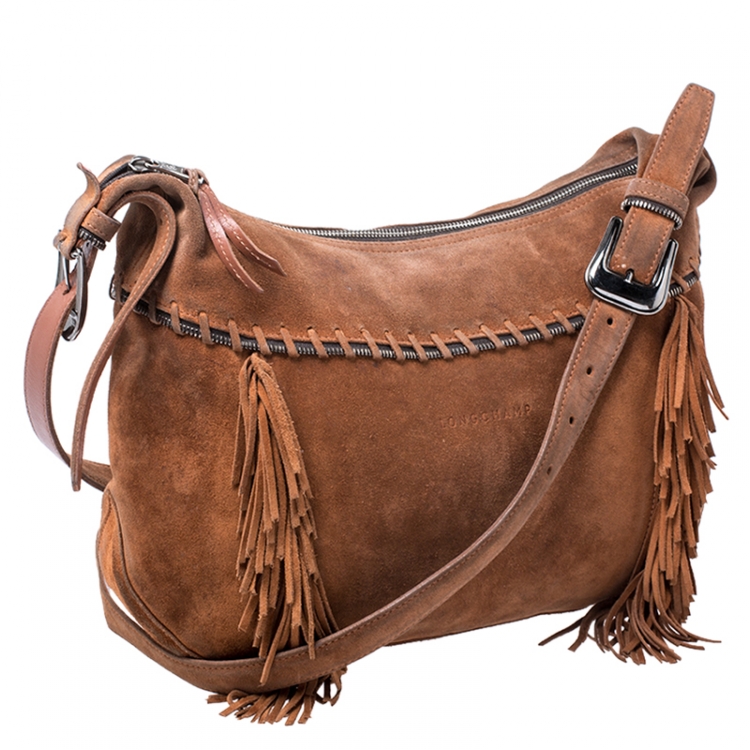Pre Owned Longchamp Brown Suede Fringed Zipper Trim Hobo Bag