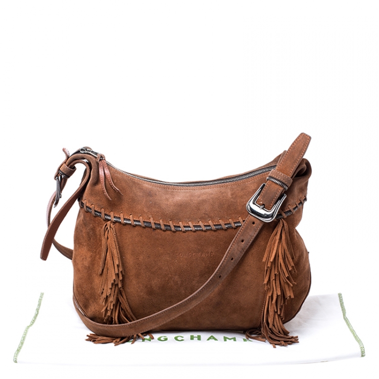 Pre Owned Longchamp Brown Suede Fringed Zipper Trim Hobo Bag