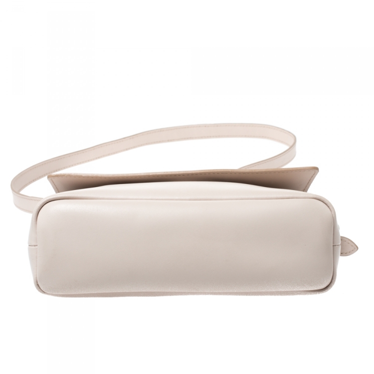 Pre Owned Longchamp Light Beige Leather Flap Crossbody Bag