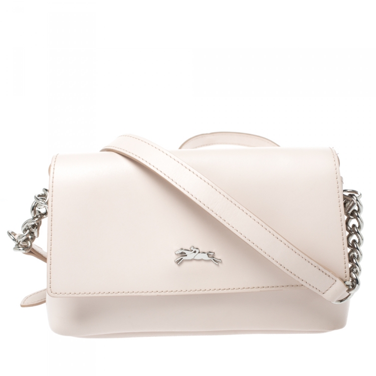 Pre Owned Longchamp Light Beige Leather Flap Crossbody Bag