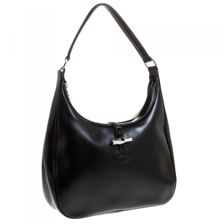 Pre Owned Longchamp Black Leather Roseau Hobo
