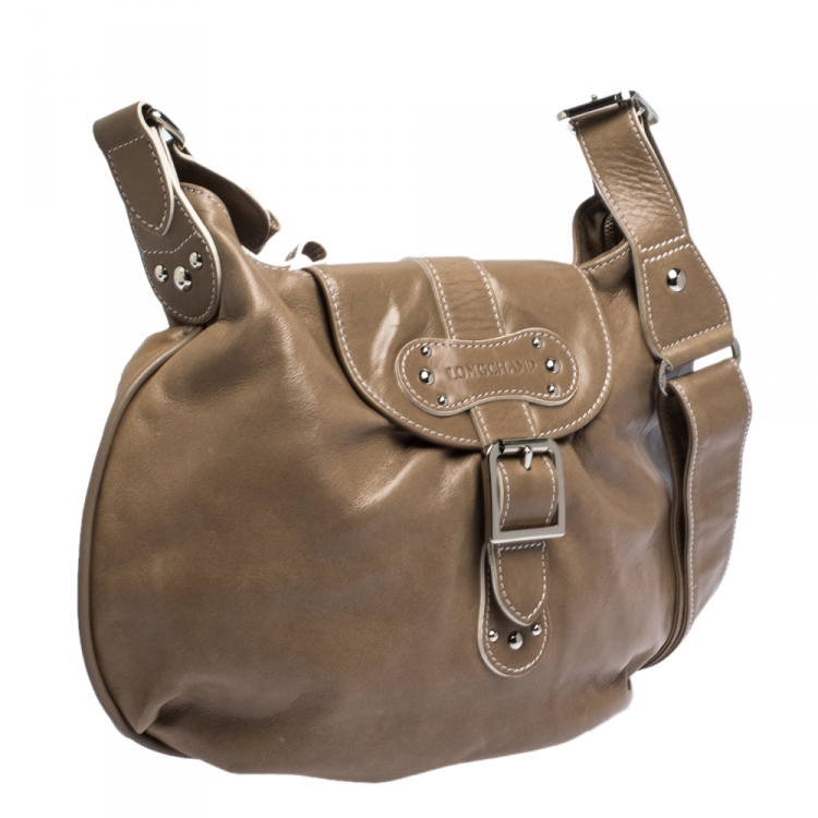 Pre Owned Longchamp Beige Leather Buckle Flap Shoulder Bag