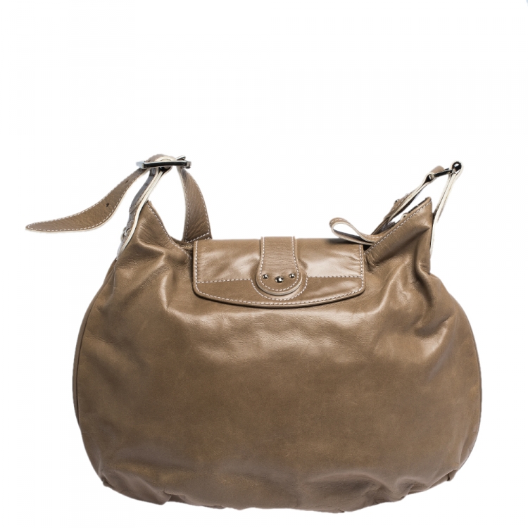 Pre Owned Longchamp Beige Leather Buckle Flap Shoulder Bag