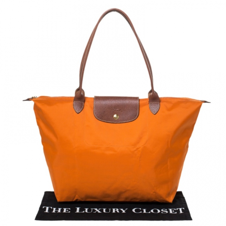 Pre Owned Longchamo Orange/Brown Nylon and Leather Le Pliage Tote