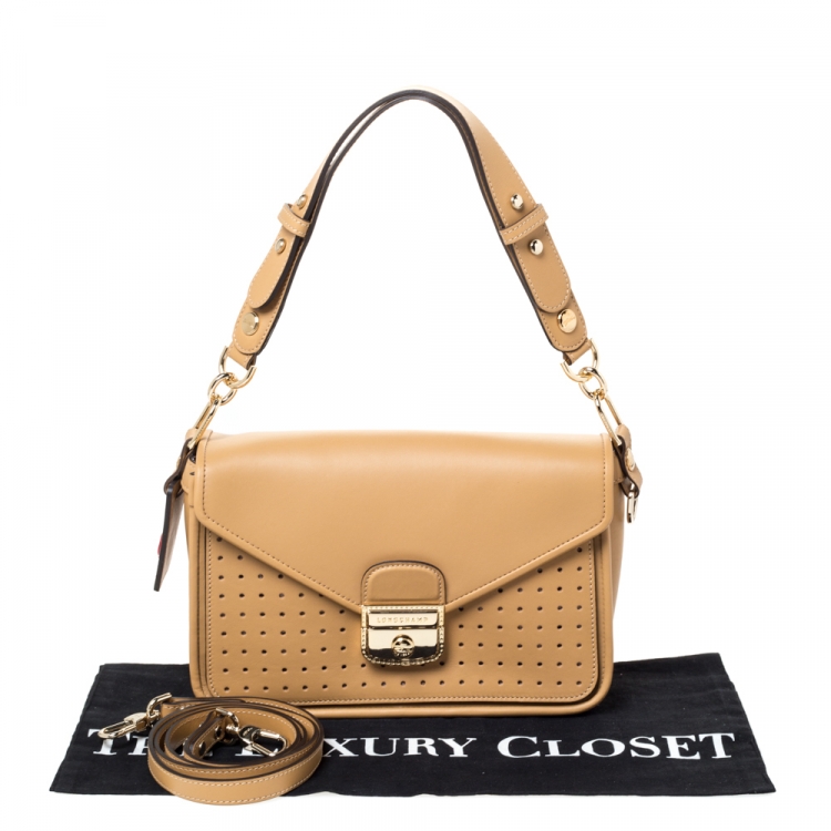 Pre Owned Longchamp Beige Perforated Leather Le Pliage Heritage Top Handle Bag