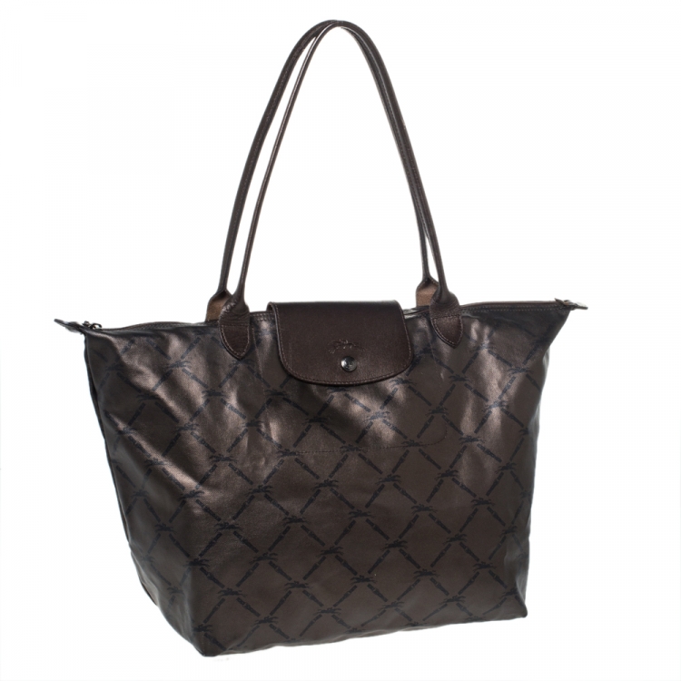 Pre Owned Longchamp Metallic Brown Nylon and Leather Le Pliage Tote 