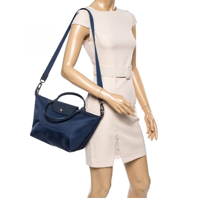 Longchamp Small 'Le Pliage Cuir' Leather Top Handle Tote in Navy Blue