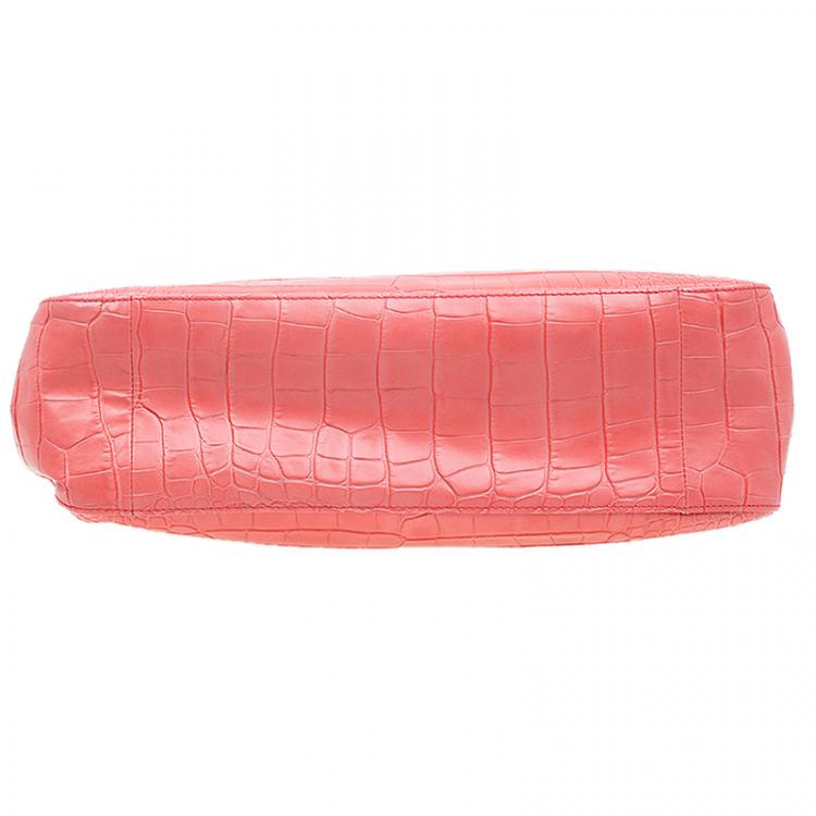 Pre Owned Longchamp Corail Pink Croc Embossed Leather Roseau Tote