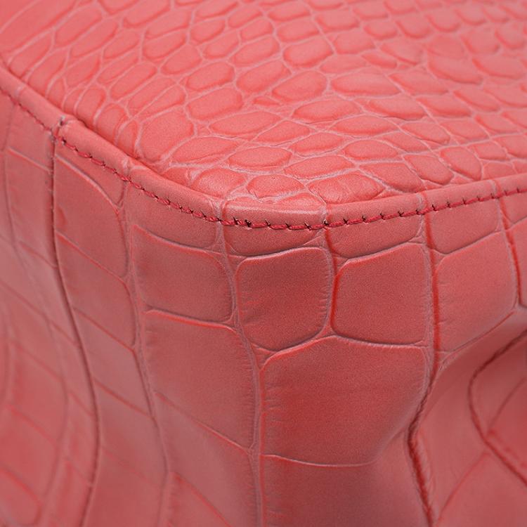 Pre Owned Longchamp Corail Pink Croc Embossed Leather Roseau Tote