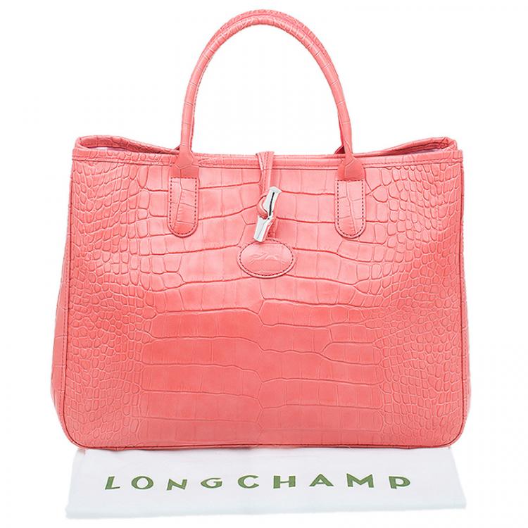 Pre Owned Longchamp Corail Pink Croc Embossed Leather Roseau Tote