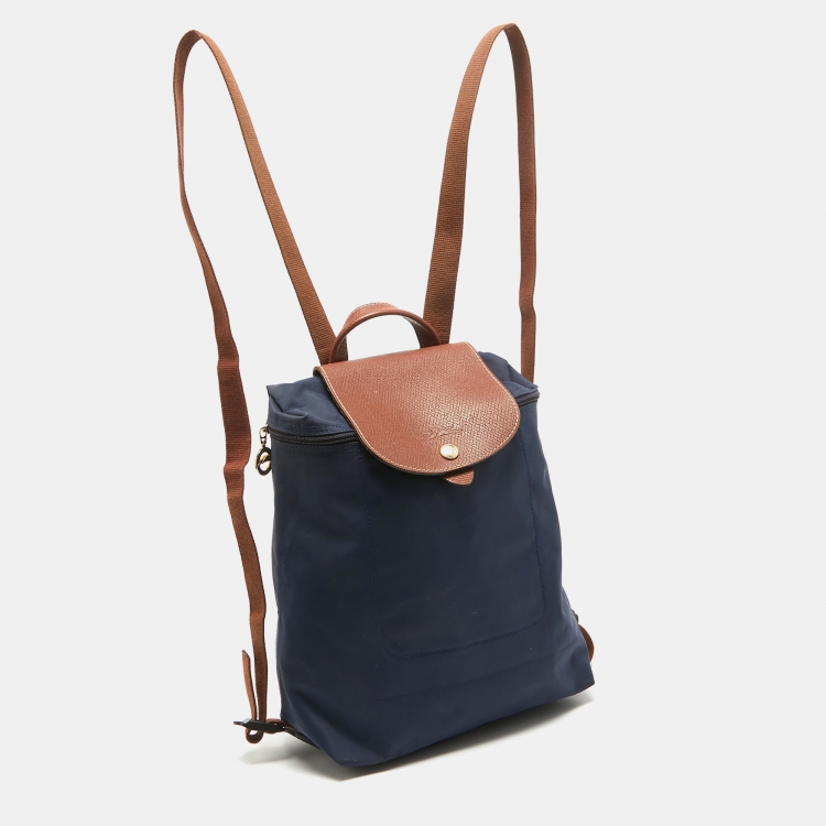 Pre Owned Longchamp Brown/Navy Blue Nylon Le Pliage Backpack
