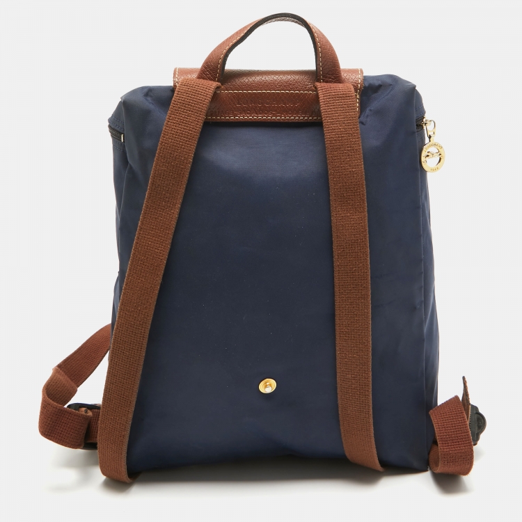 Pre Owned Longchamp Brown/Navy Blue Nylon Le Pliage Backpack