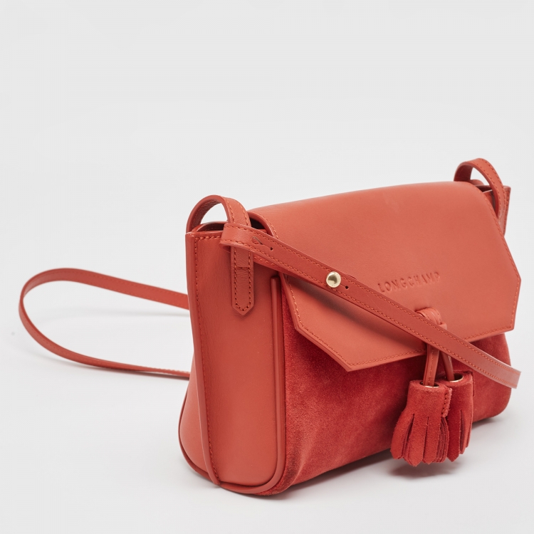 Pre Owned Longchamp Brick Red Suede and Leather Penelope Crossbody Bag