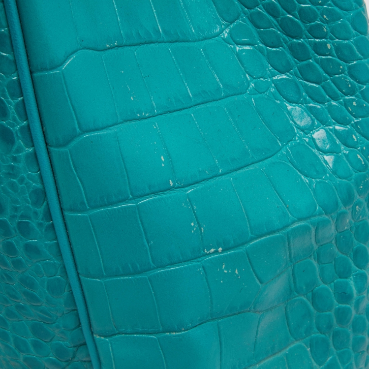 Pre Owned Longchamp Green Croc Embossed Leather Roseau Tote