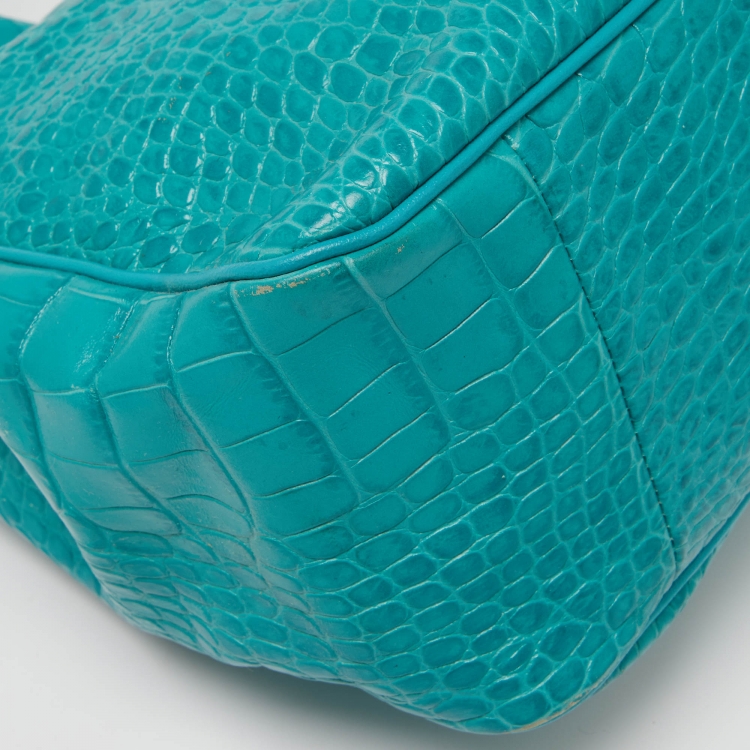 Pre Owned Longchamp Green Croc Embossed Leather Roseau Tote