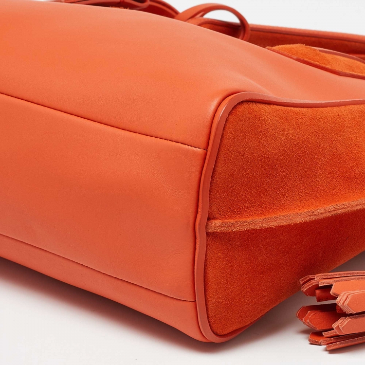 Pre Owned Longchamp Orange Leather and Suede Small Penelope Fantasie Tote