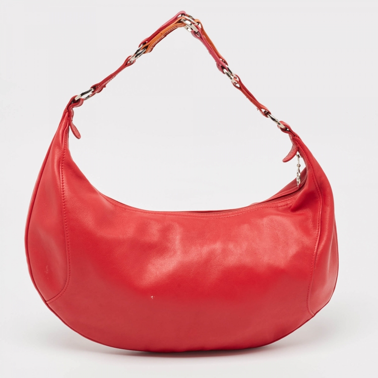 Pre Owned Longchamp Red Leather Ring Handle Hobo 
