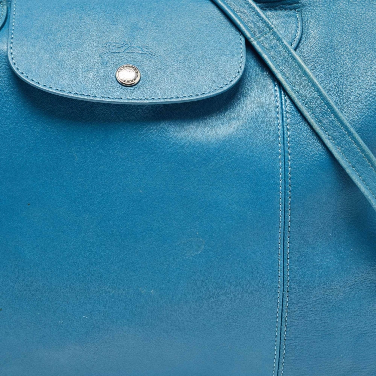 Pre Owned Longchamp Blue Leather Le Pliage Cuir Tote