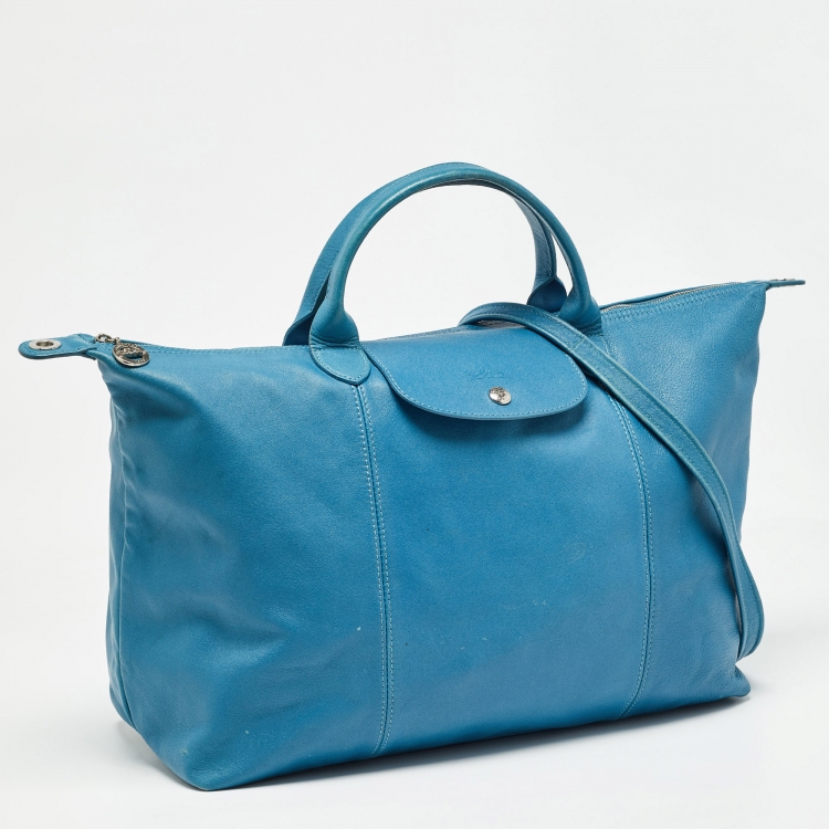 Pre Owned Longchamp Blue Leather Le Pliage Cuir Tote