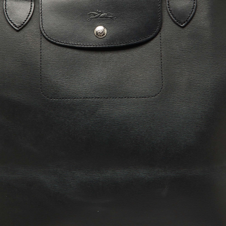 Pre Owned Longchamp Black Leather Medium Le Pliage Tote