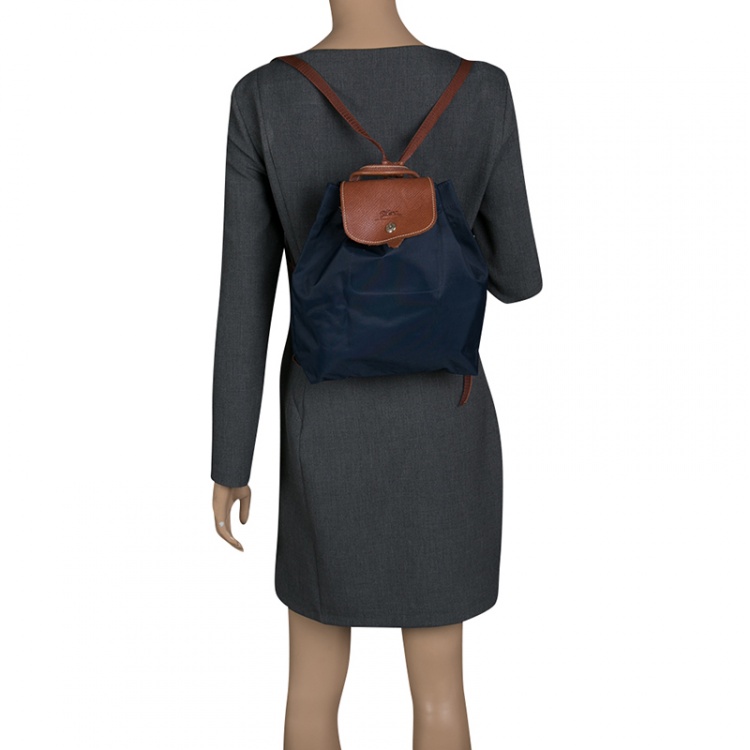 Pre Owned Longchamp Blue/Cognac Nylon Backpack 
