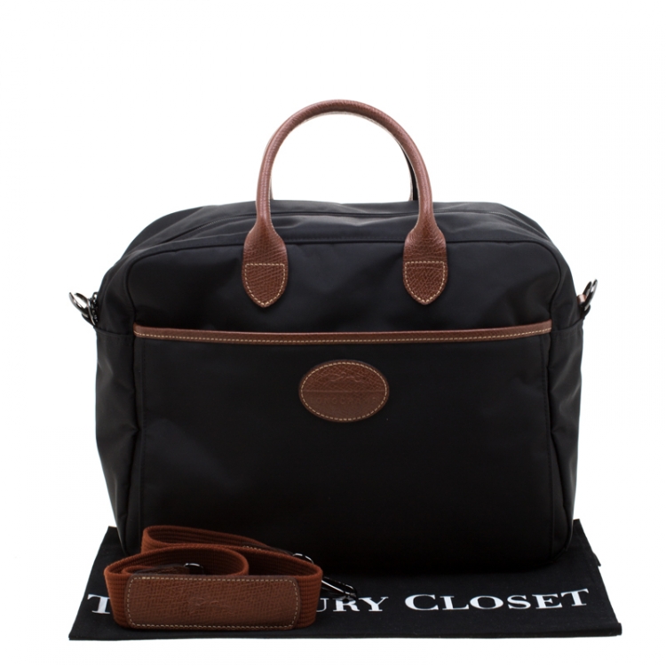 Pre Owned Longchamp Black/Brown Nylon and Leather Le Pliage Travel Bag 