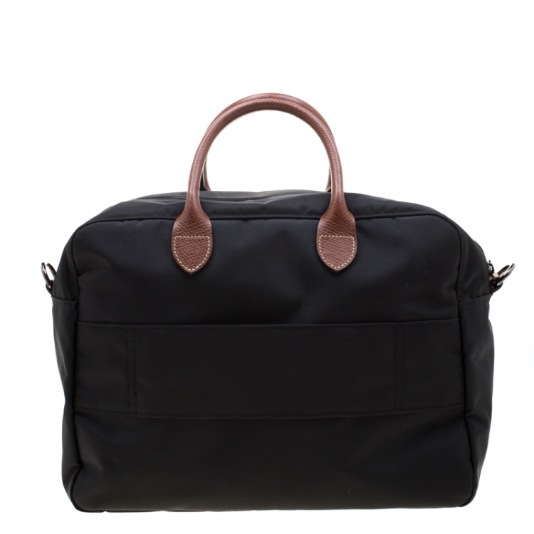 Pre Owned Longchamp Black/Brown Nylon and Leather Le Pliage Travel Bag 
