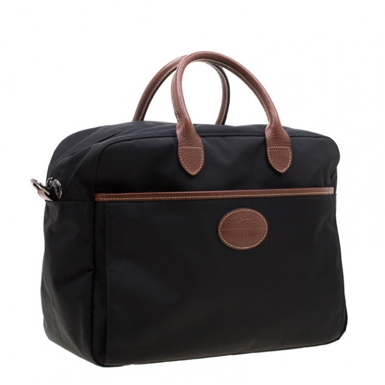 Pre Owned Longchamp Black/Brown Nylon and Leather Le Pliage Travel Bag 