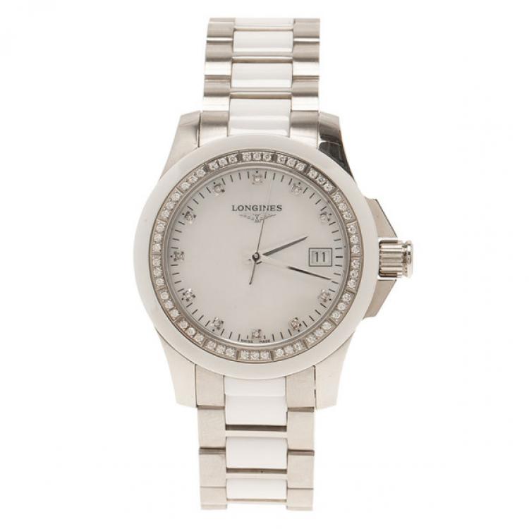 Pre Owned Longines White Stainless Steel & Ceramic Women's Wristwatch 35MM