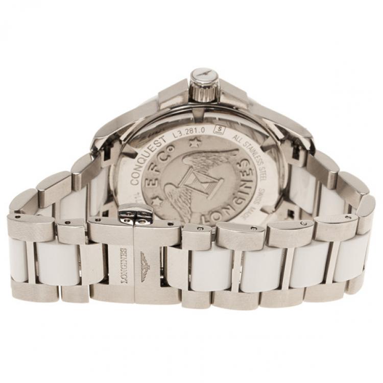 Pre Owned Longines White Stainless Steel & Ceramic Women's Wristwatch 35MM