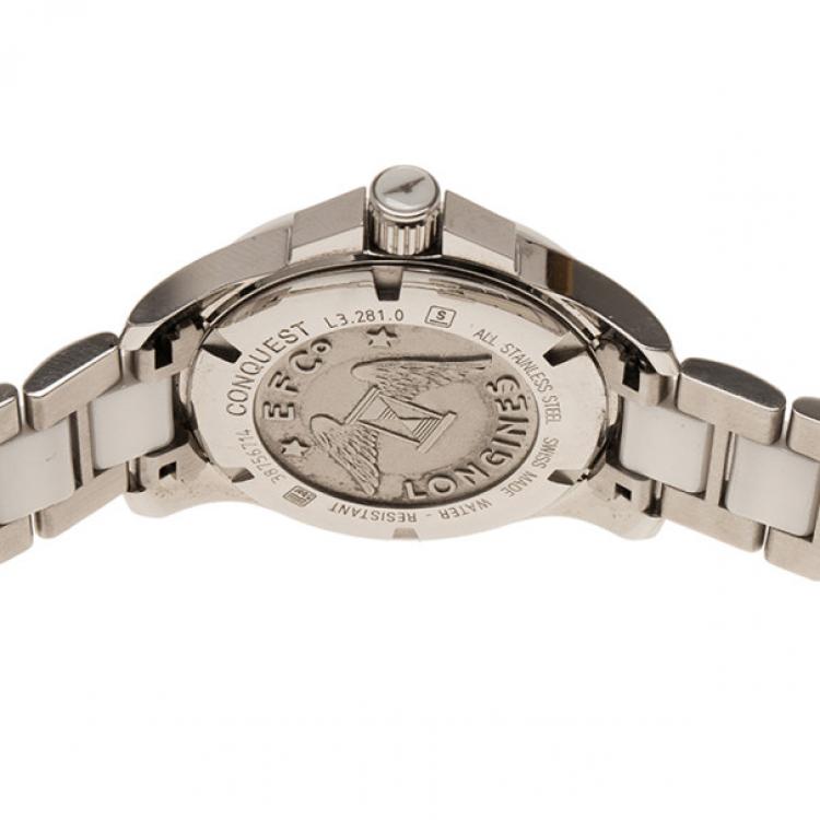 Pre Owned Longines White Stainless Steel & Ceramic Women's Wristwatch 35MM