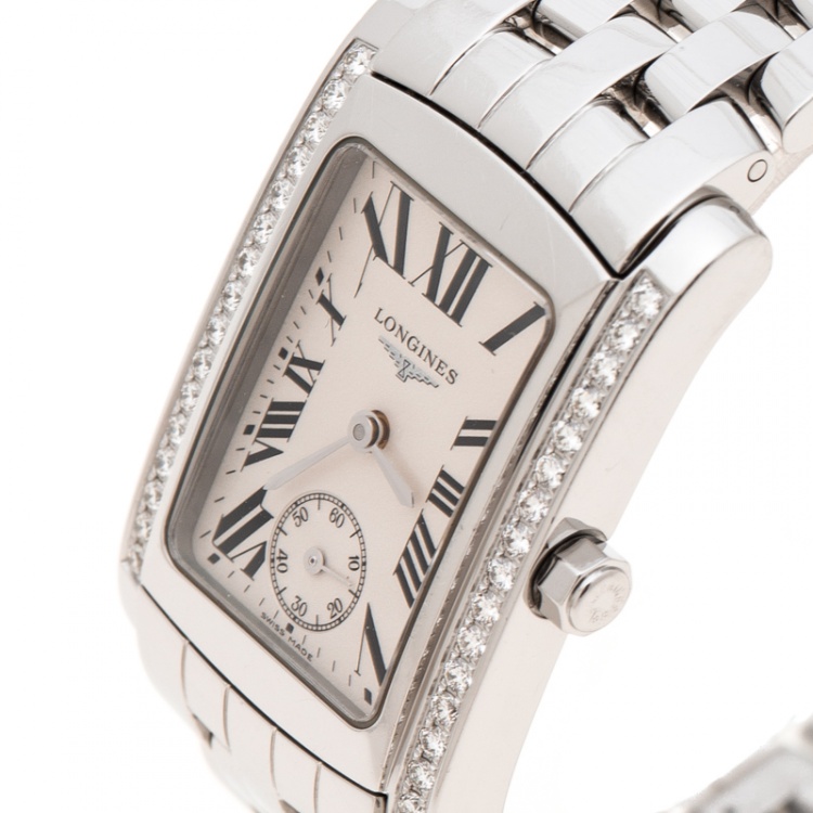 Pre Owned Longines White Stainless Steel and Diamonds Dolcevita L5.502.0.71.6 Women's Wristwatch 22 mm