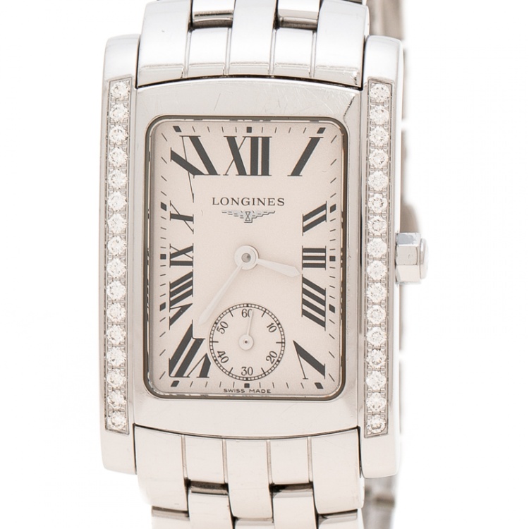 Pre Owned Longines White Stainless Steel and Diamonds Dolcevita L5.502.0.71.6 Women's Wristwatch 22 mm