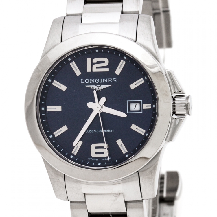Pre Owned Longines Blue Stainless Steel Conquest L3.376.4 Women's Wristwatch 29 MM