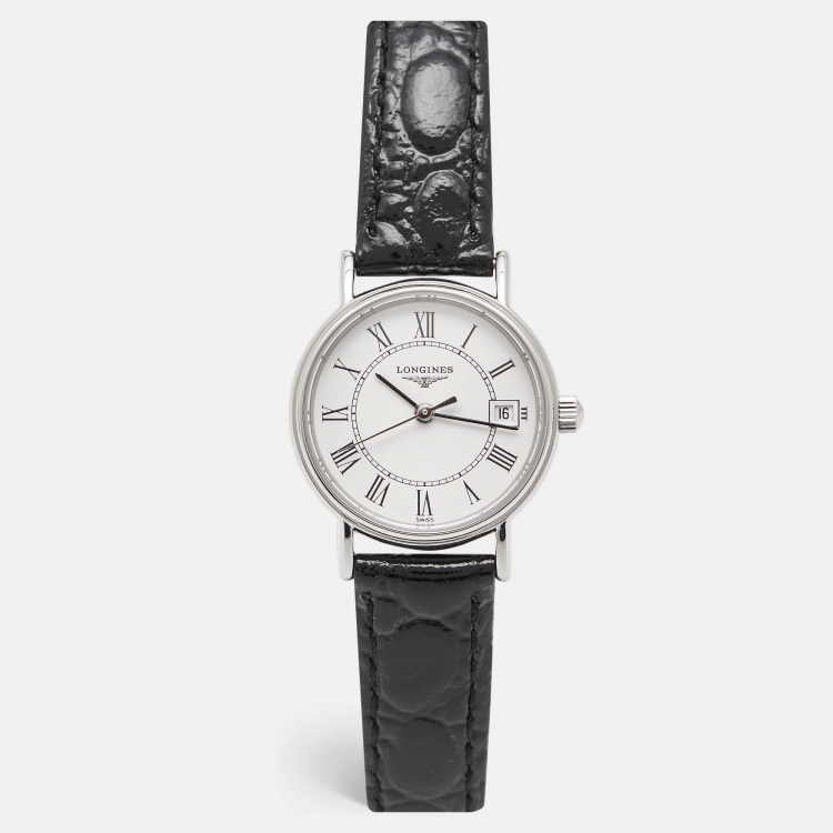 Pre Owned Longines White Stainless Steel Leather Presence L4.220.4.11.2 Women's Wristwatch 23.5 mm