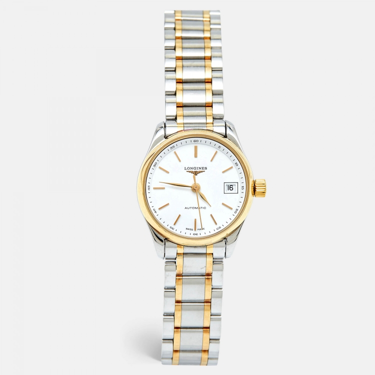 Pre Owned Longines White 18k Yellow Gold Stainless Steel Master Collection   L2.128.5.12.7 Women's Wristwatch 25.5 mm