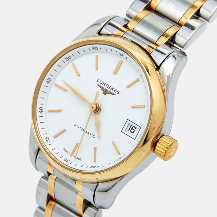 Pre Owned Longines White 18k Yellow Gold Stainless Steel Master Collection   L2.128.5.12.7 Women's Wristwatch 25.5 mm