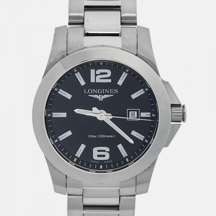 Pre Owned Longines Black Stainless Steel Conquest L3.277.4.58.6 Women's Wristwatch 29.50 mm